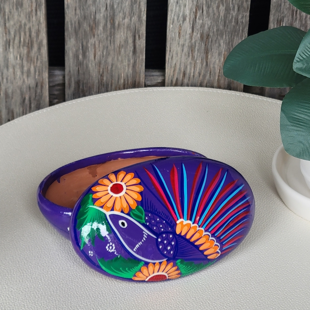 Mexican Folk Art Hand-Painted Oval Trinket Box Purple Bird